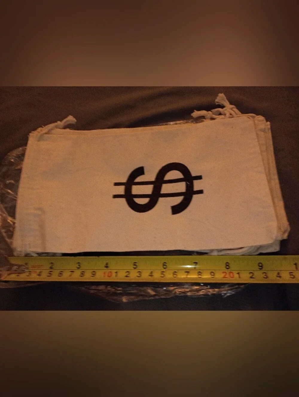 Canvas Drawstring Money Bag - Natural with Black Dollar Print